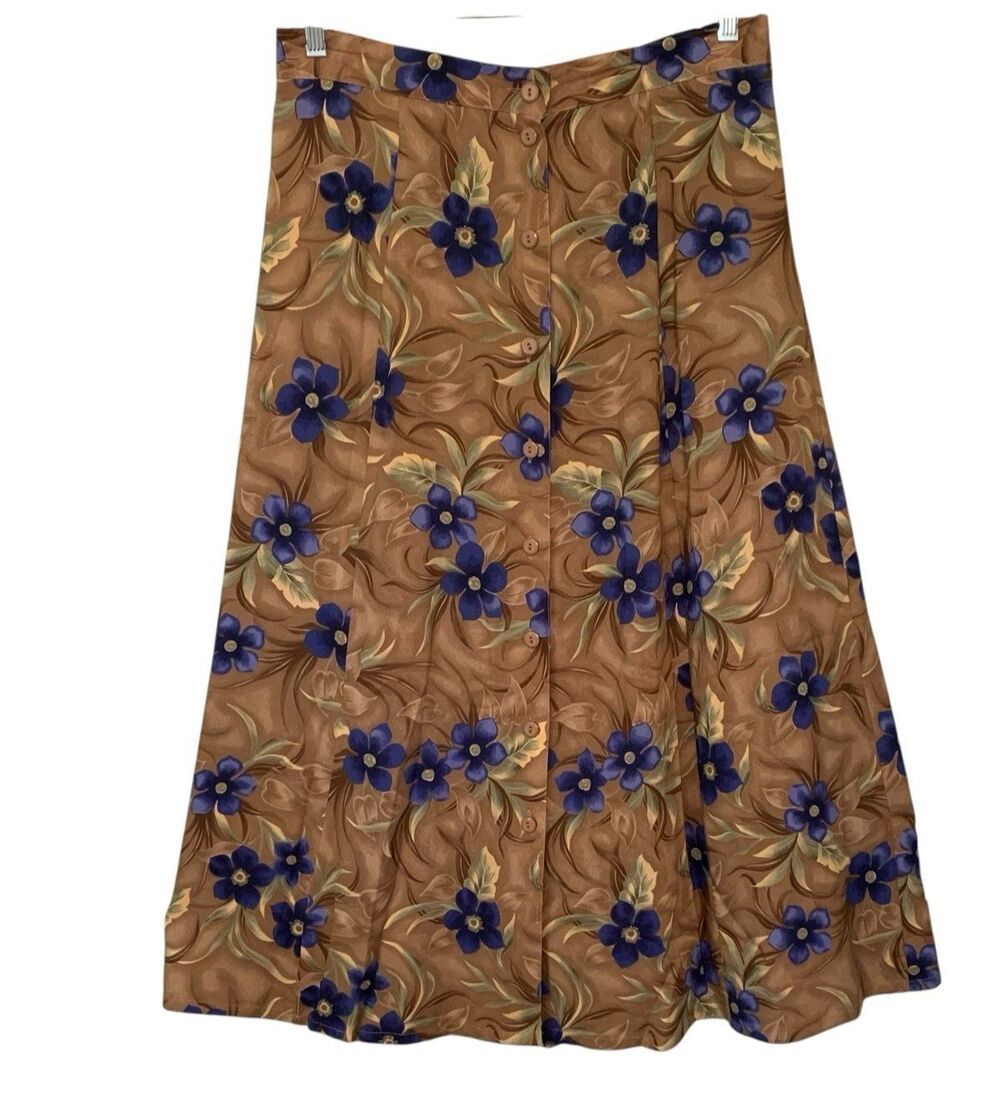 Vintage Sag Harbor Maxi Skirt Womens Sz Lg Brown/Blue Floral Button Front Boho - Picture 2 of 7